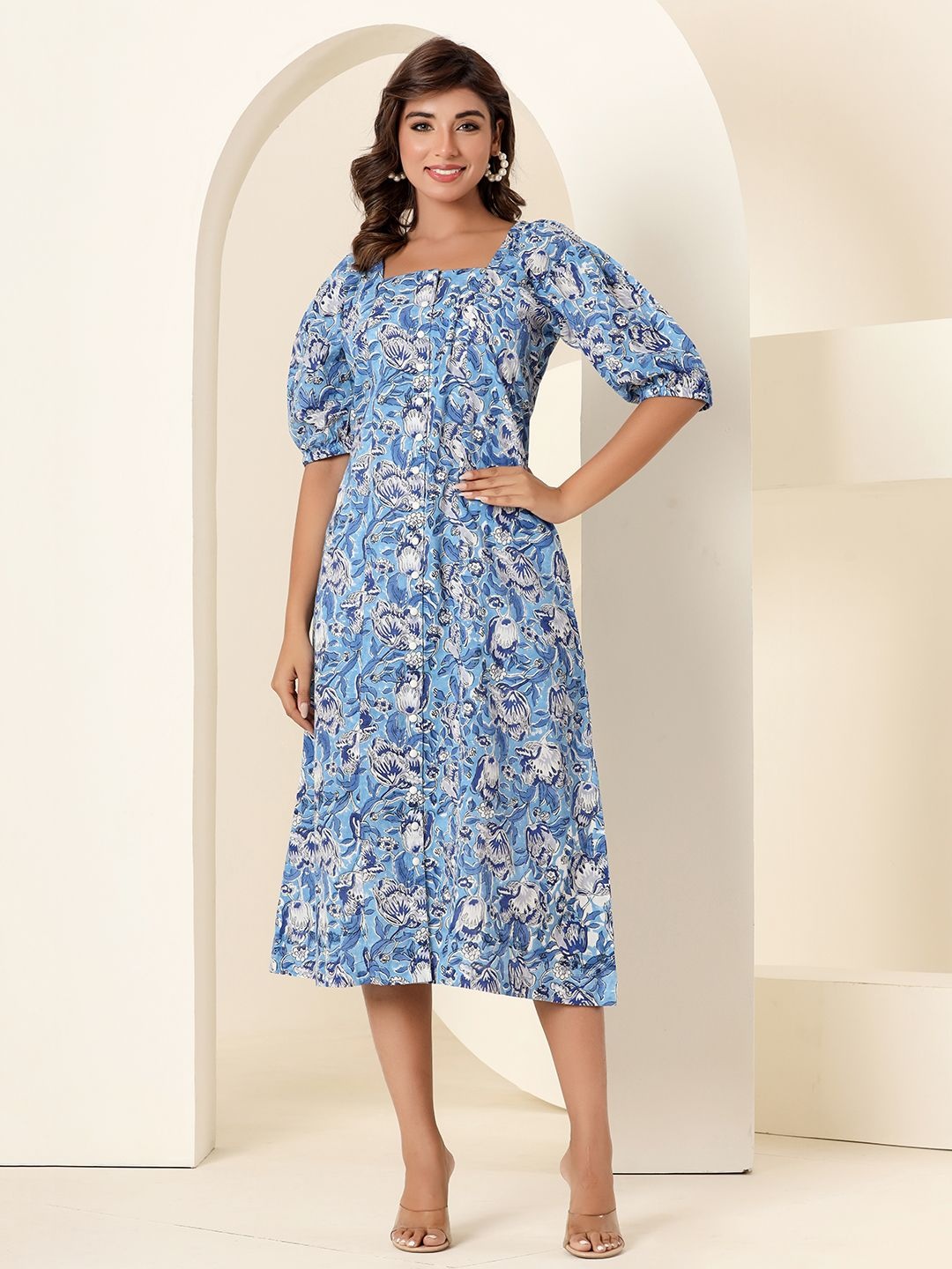 

Eco Clothing Women Floral Printed Midi A-Line Dress, Blue