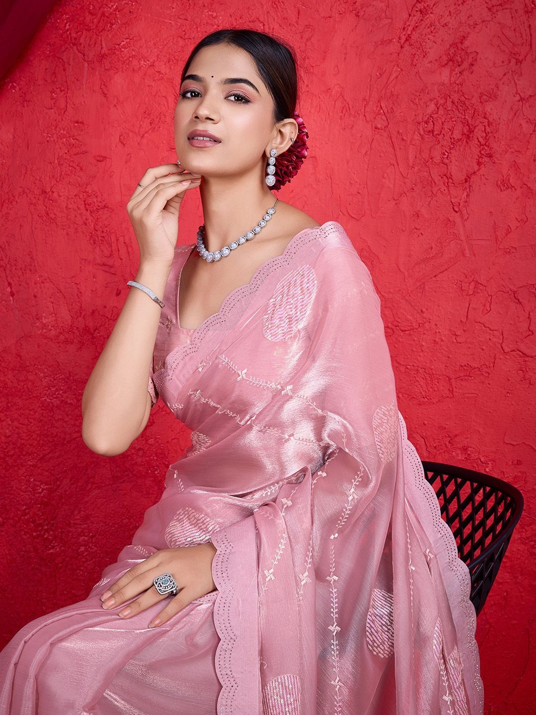 

Mitera Embellished Beads and Stones Organza Saree, Pink