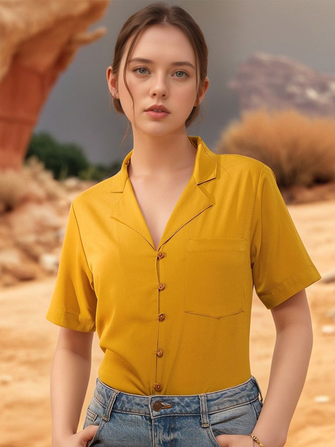 

RARE Women Lapel Collar Shirt Style Top, Mustard