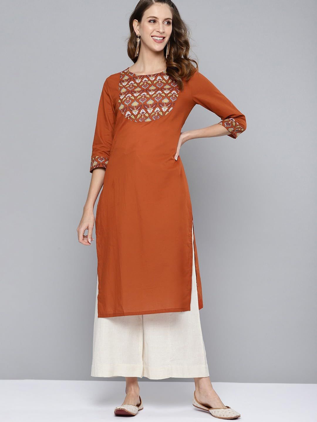 

13-Star Women Printed Pure Cotton Straight Kurti, Brown