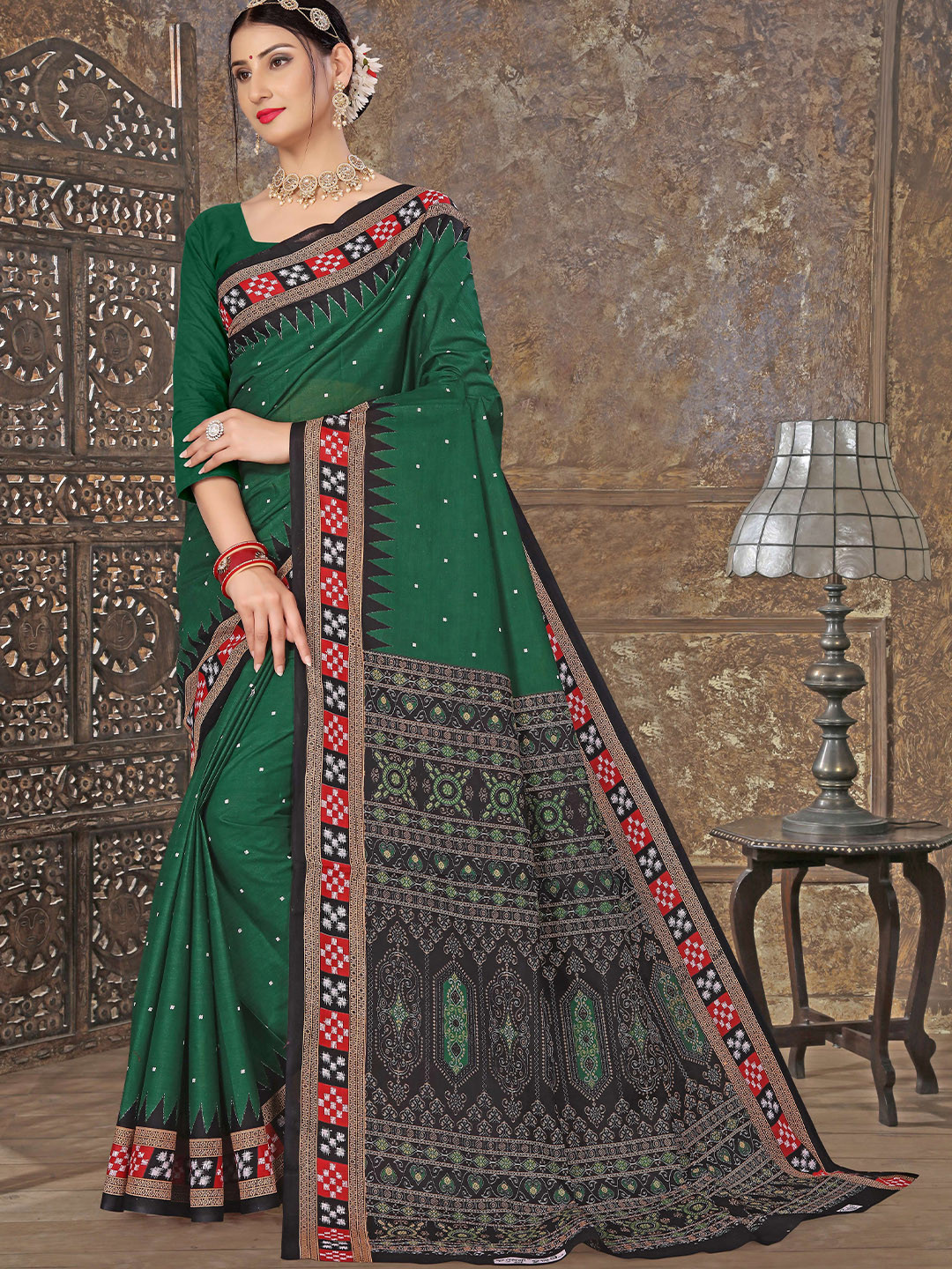 

pasapalli Pure Cotton Sambalpuri Saree, Green