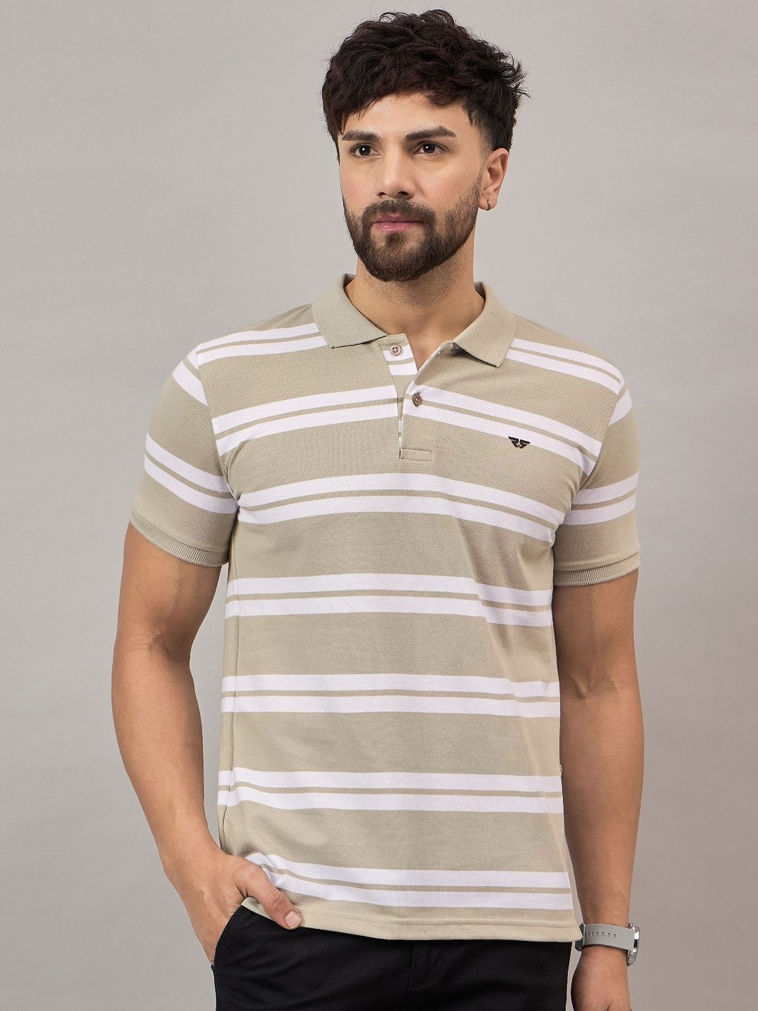 

REPRISE Men Striped Polo Collar Cotton T-shirt, Olive