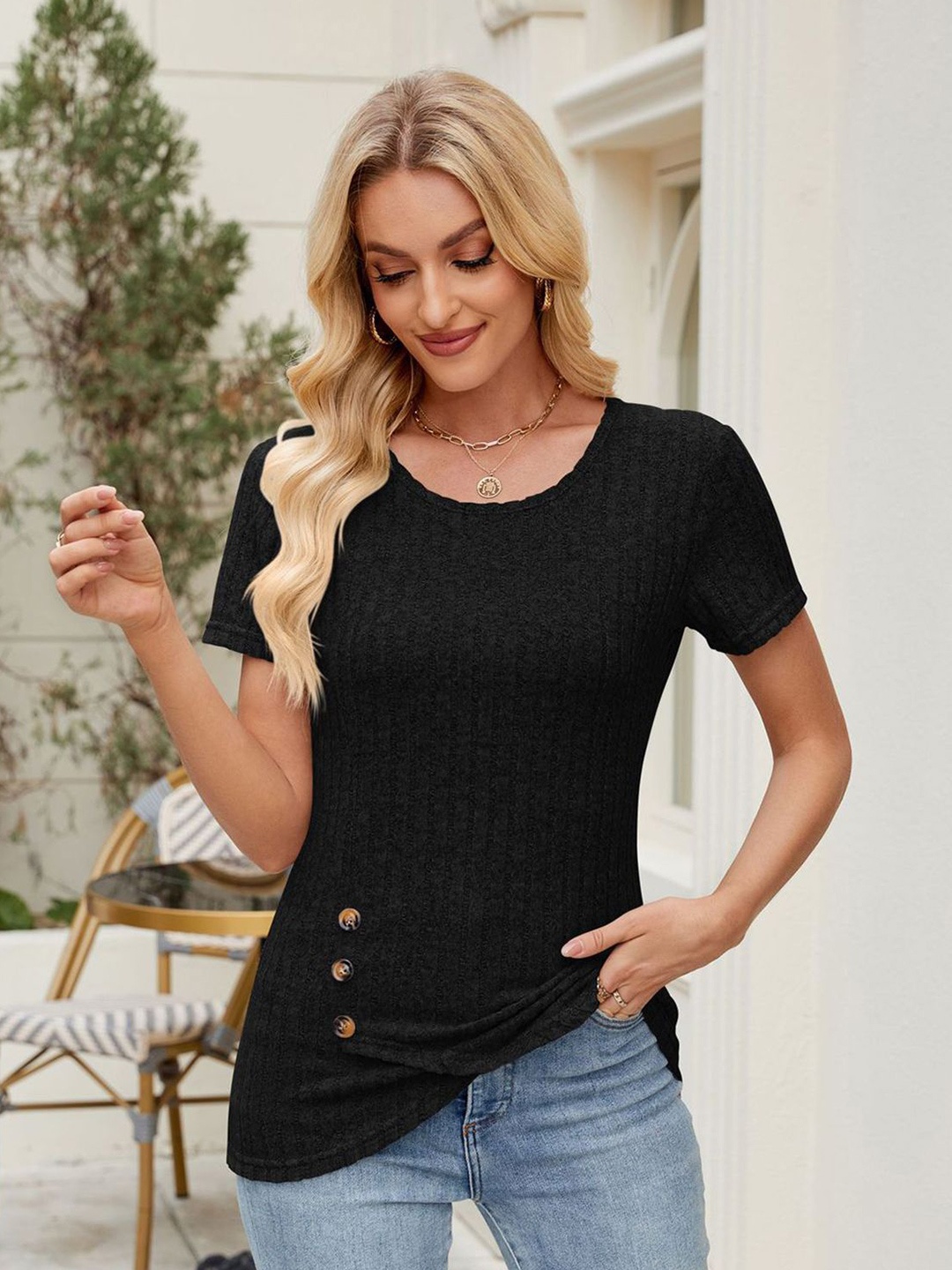 

StyleCast x Revolte Women Self Design Round Neck Top, Black
