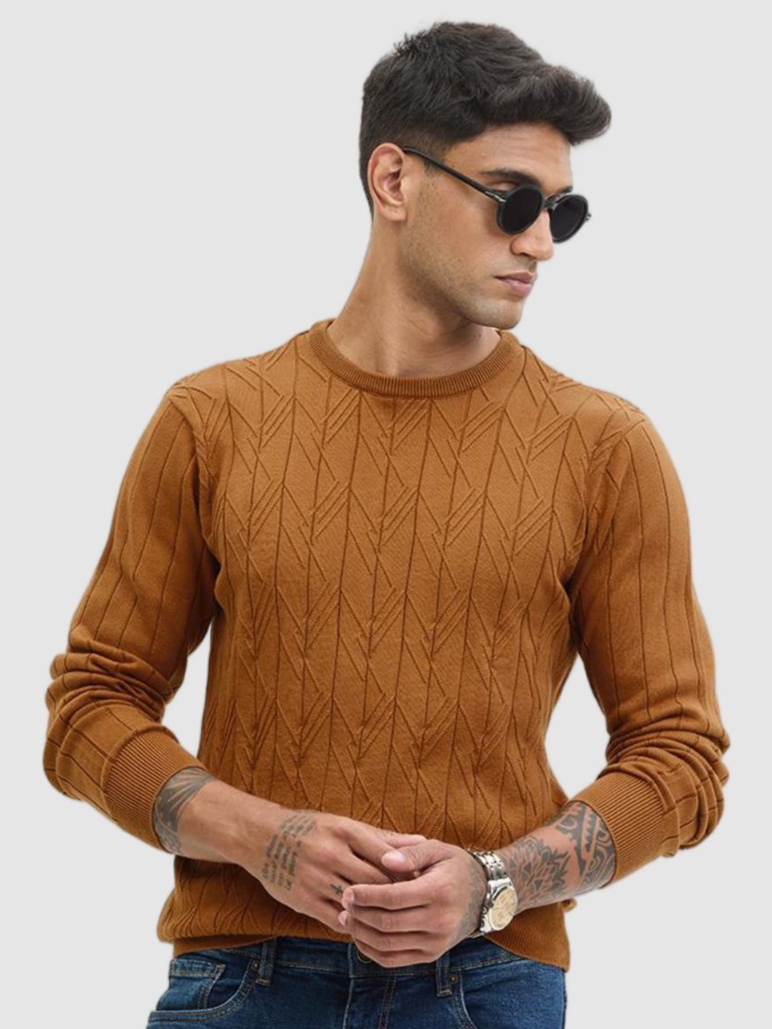 

Snitch Men Pure Cotton Self Design Pullover Sweater, Brown