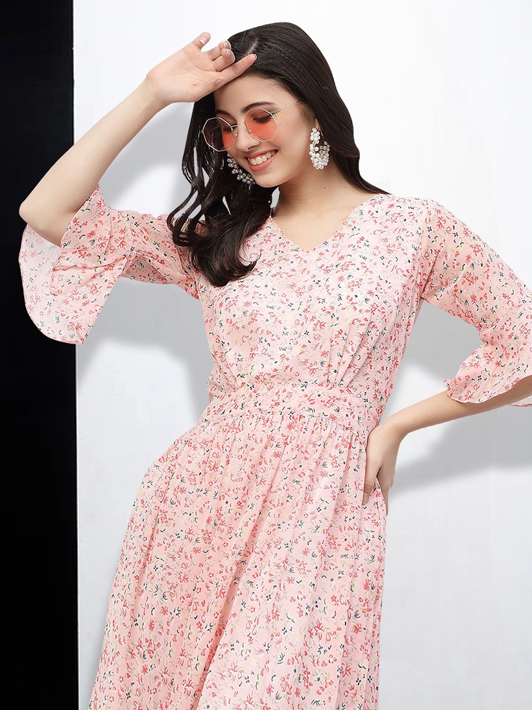 

MISS AYSE Floral Print Applique Fit & Flare Dress, Pink