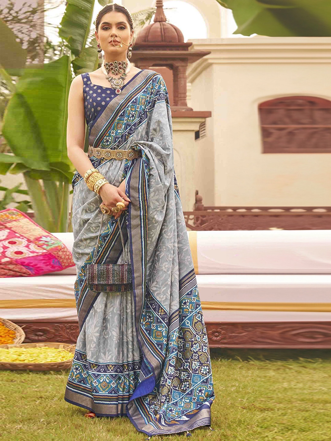 

KIMISHA Floral Zari Patola Saree, Grey