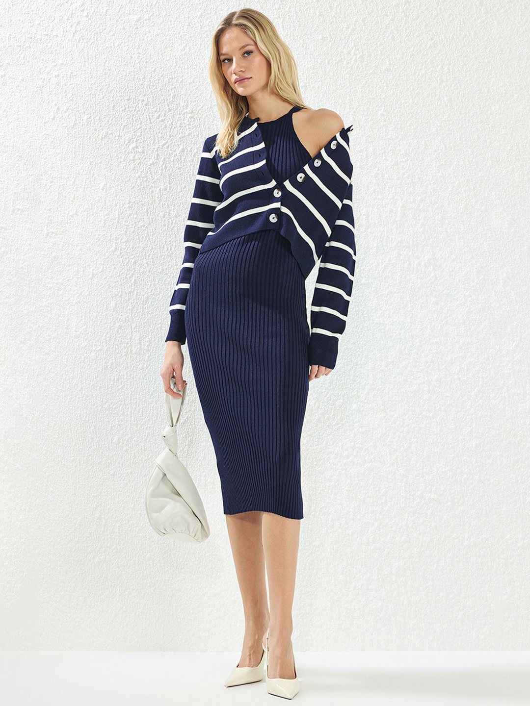 

Trendyol Women Striped Cold-Shoulder Midi Dress, Na