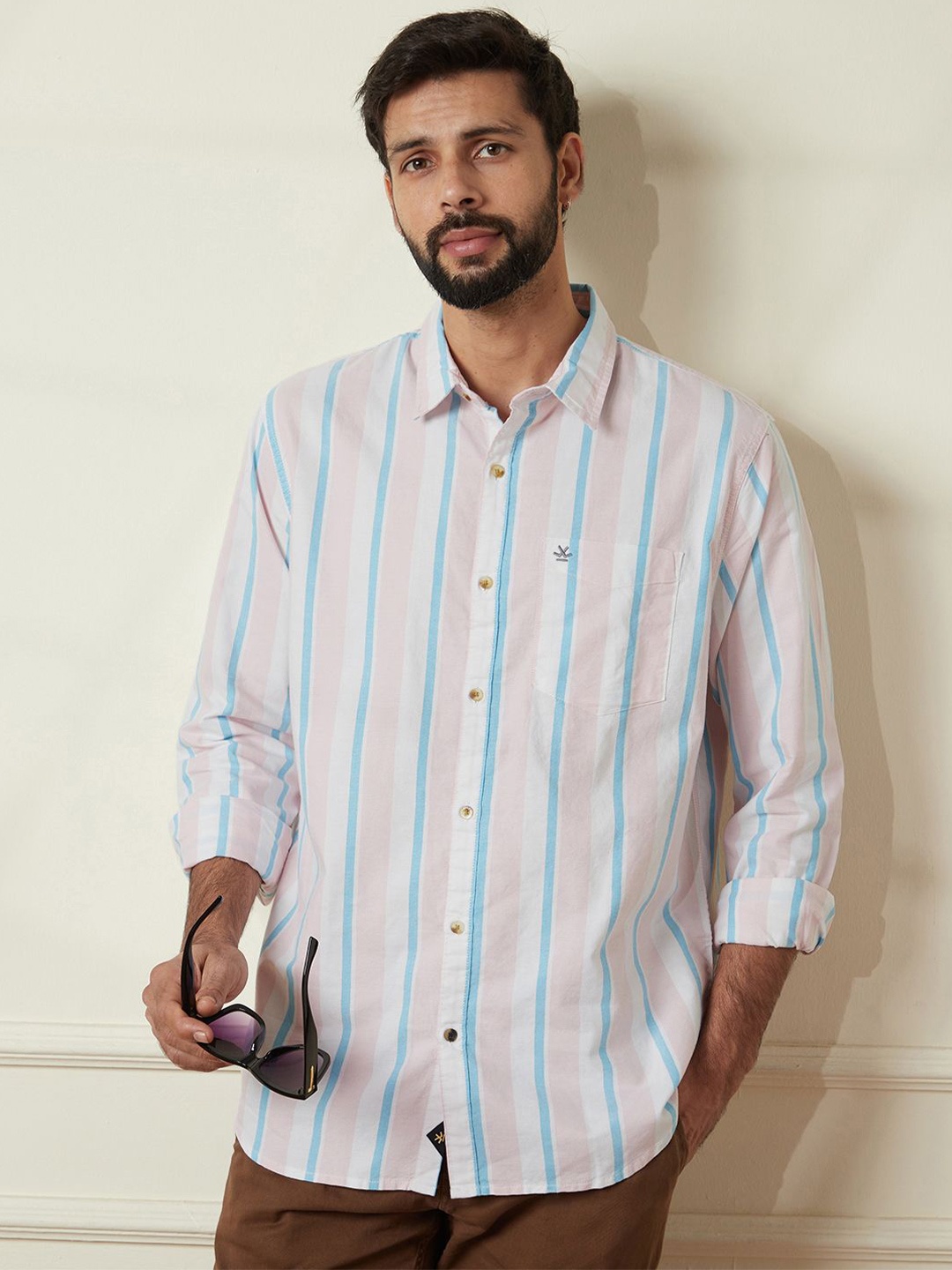 

WROGN Men Comfort Fit Spread Collar Vertical Striped Cotton Casual Shirt, Pink