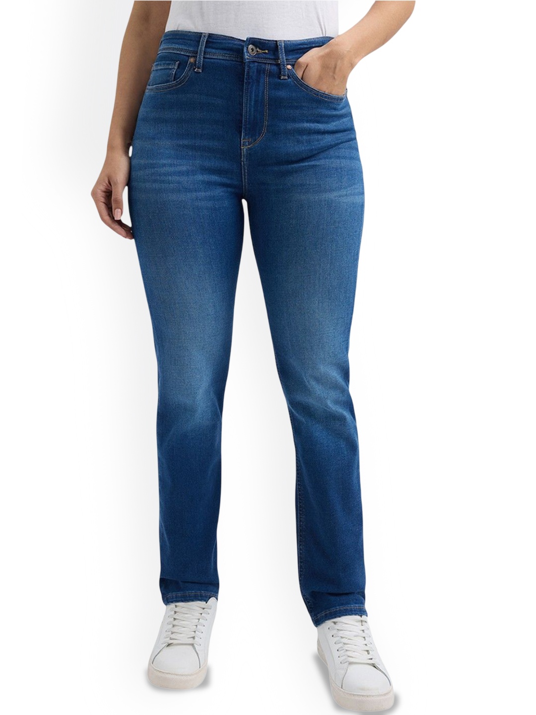 

Pepe Jeans Women Straight Fit High-Rise Mildly Distressed Light Fade Stretchable Jeans, Blue