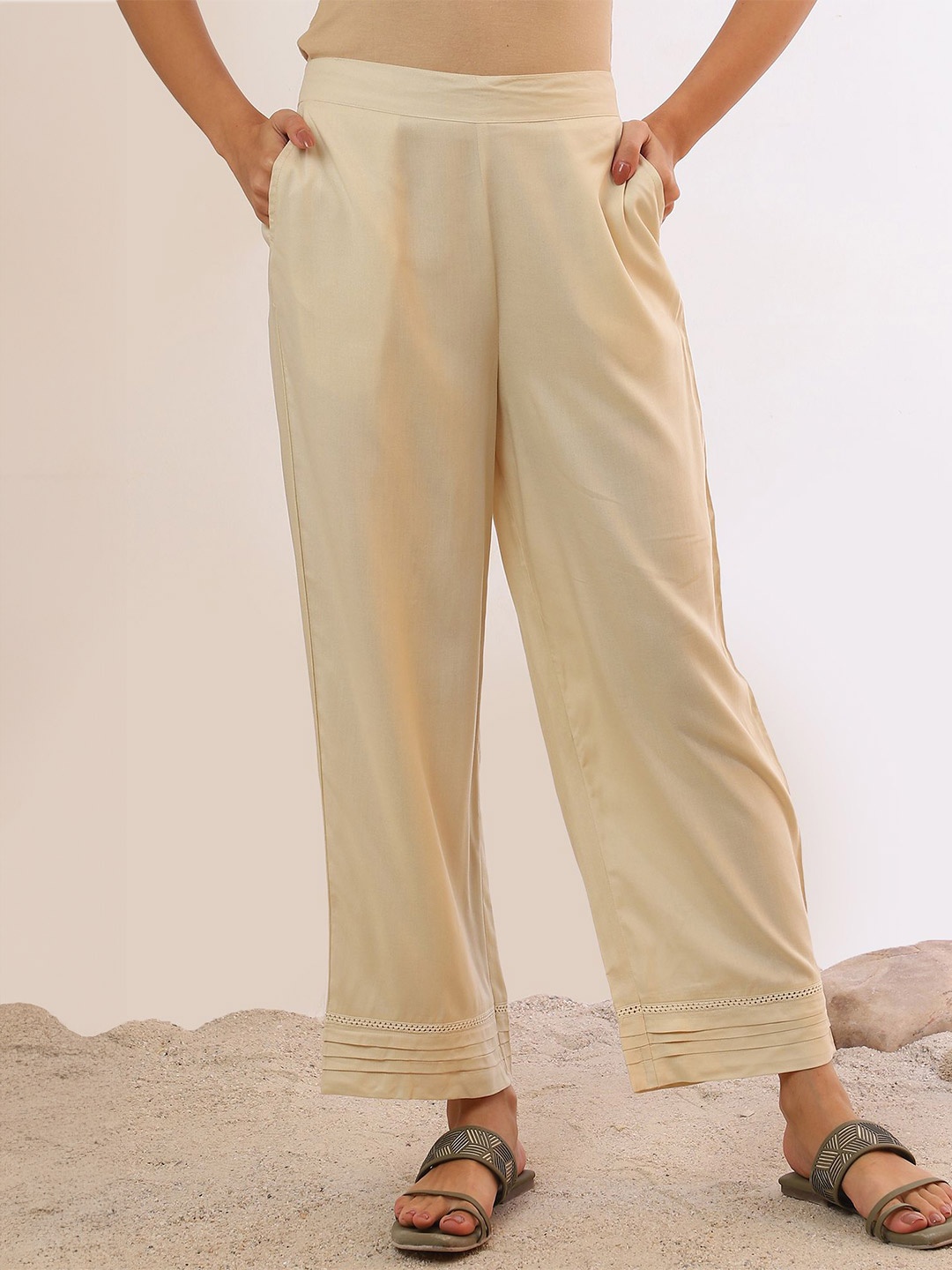 

AURELIA Women Straight Palazzos with Pleated Details, Cream