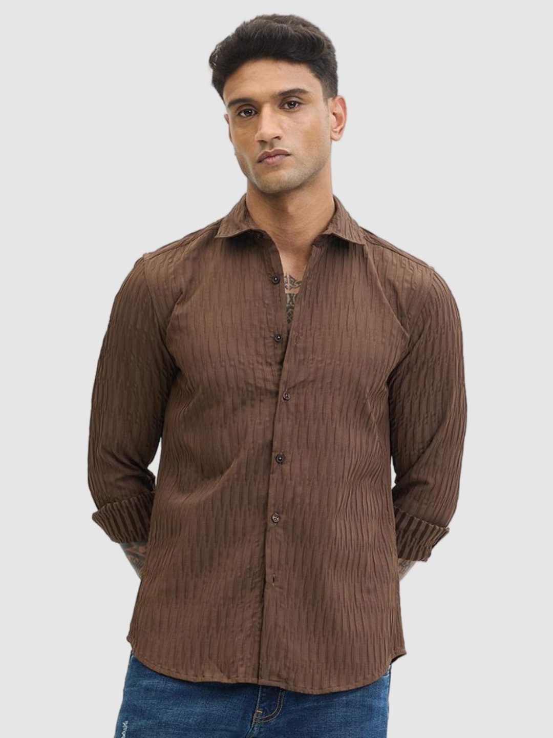

Snitch Men Smart Fit Spread Collar Textured Casual Shirt, Brown