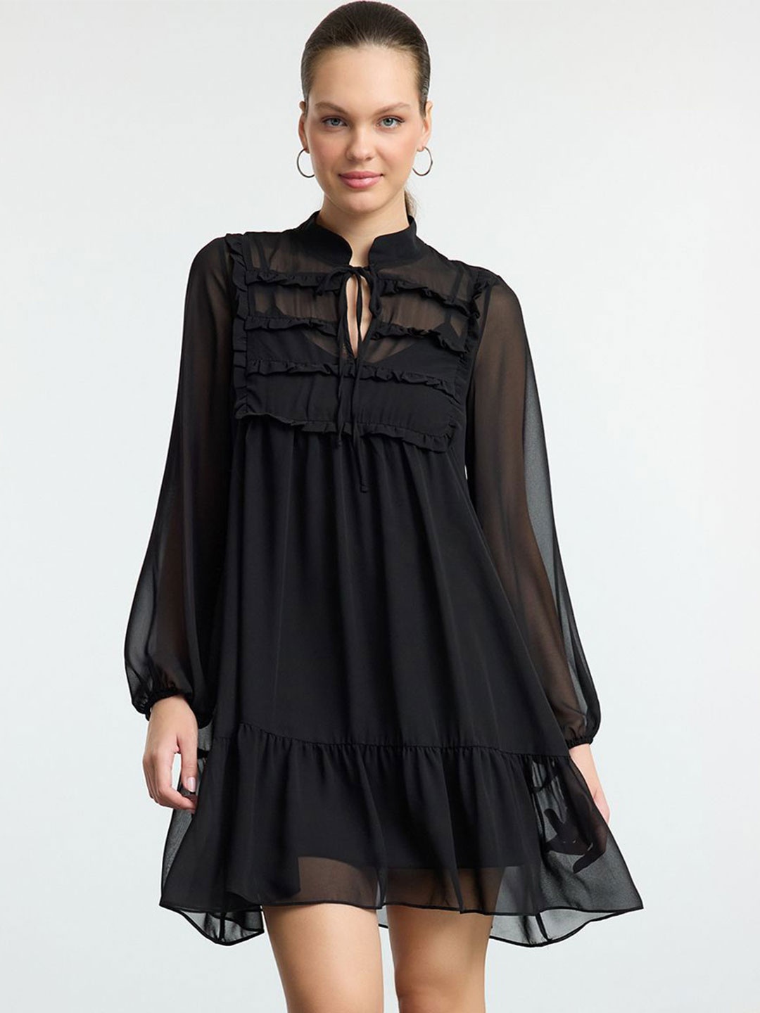 

Trendyol Women Tie-Up Neck Bishop Sleeves A-Line Dress, Black