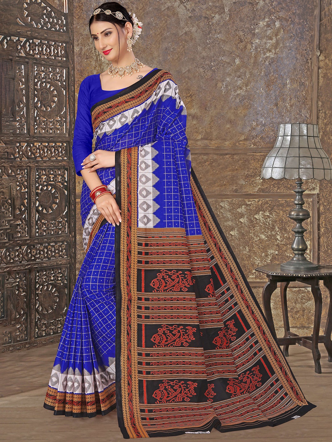 

pasapalli Checked Pure Cotton Sambalpuri Saree, Blue