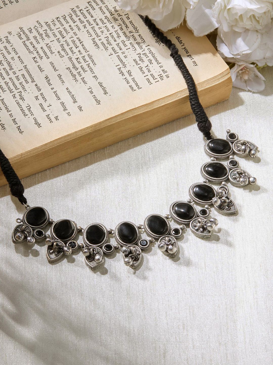 

Priyaasi Brass Silver-Plated Stone Studded Oxidized Necklace