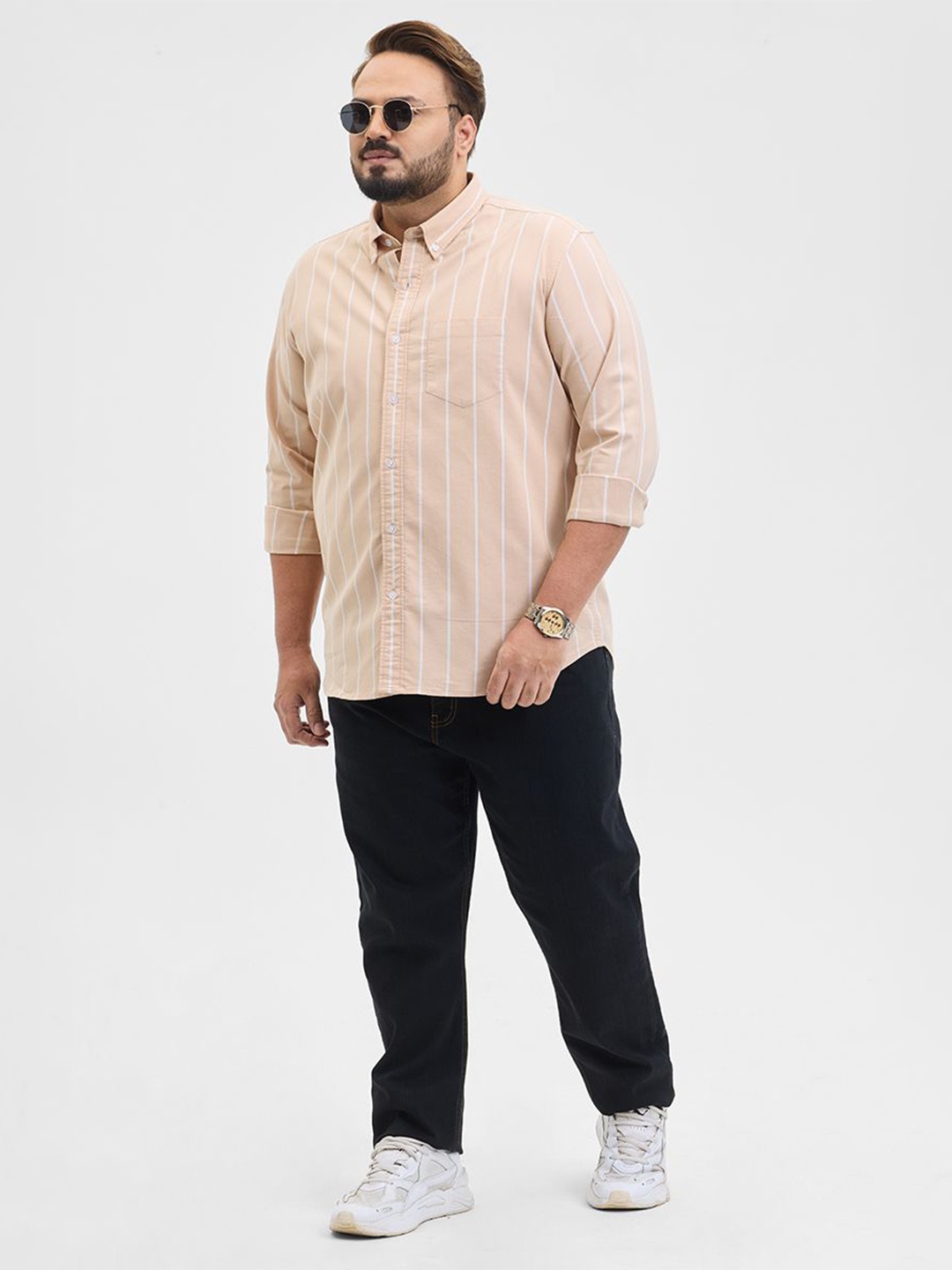 

Snitch Men Classic Fit Button-Down Collar Vertical Striped Casual Shirt, Beige