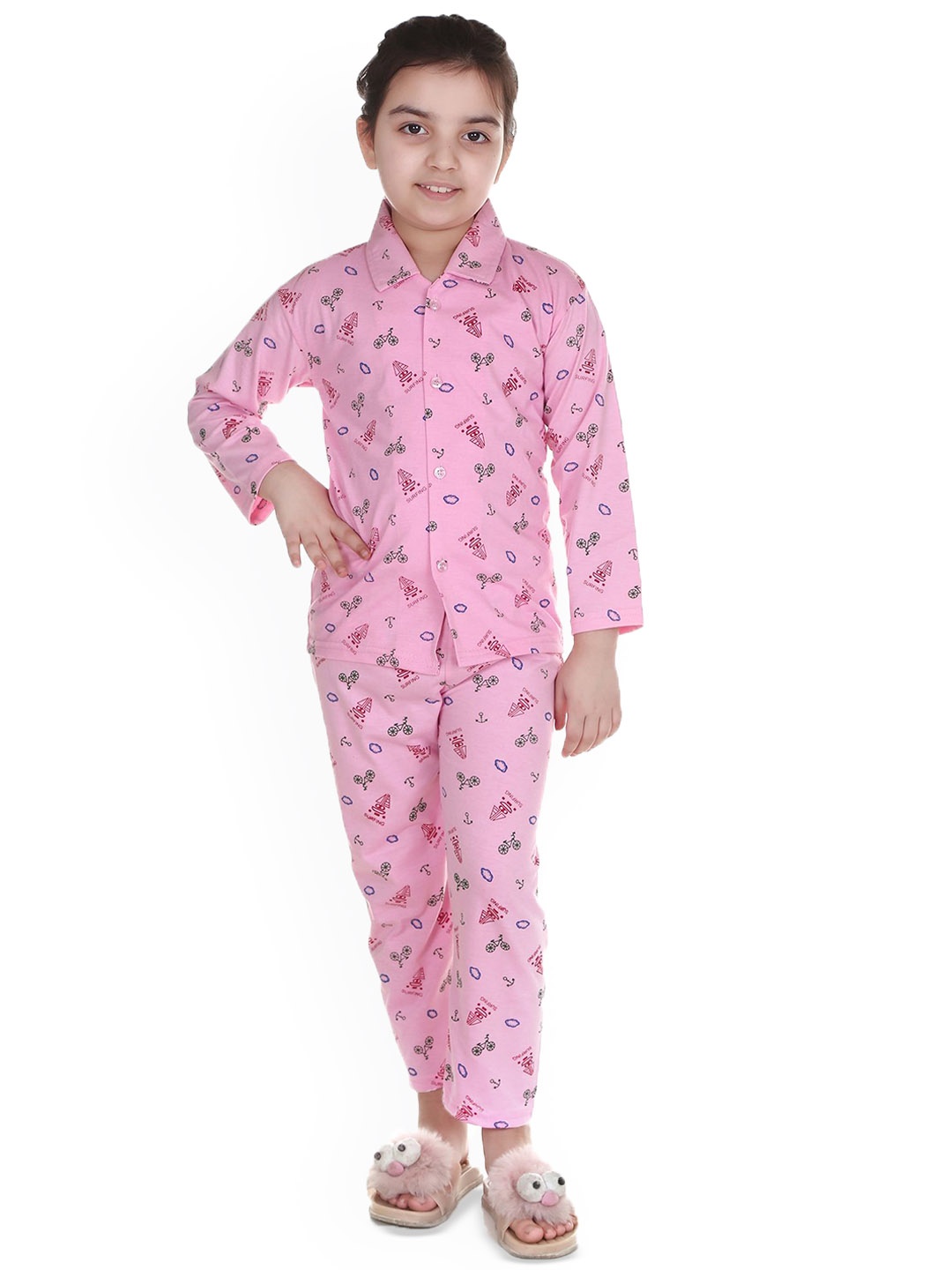

MMShopy Kids Printed Shirt Collar Night suit, Pink