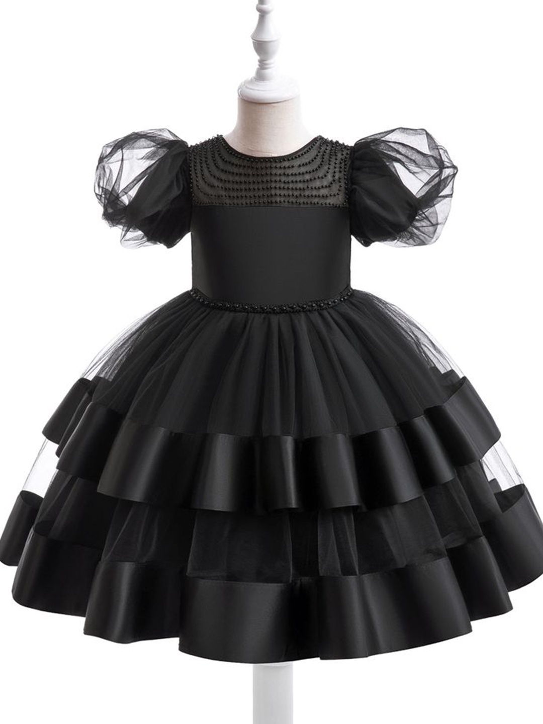 

LULU & SKY Girls Puff Sleeve Fit & Flare Dress, Black