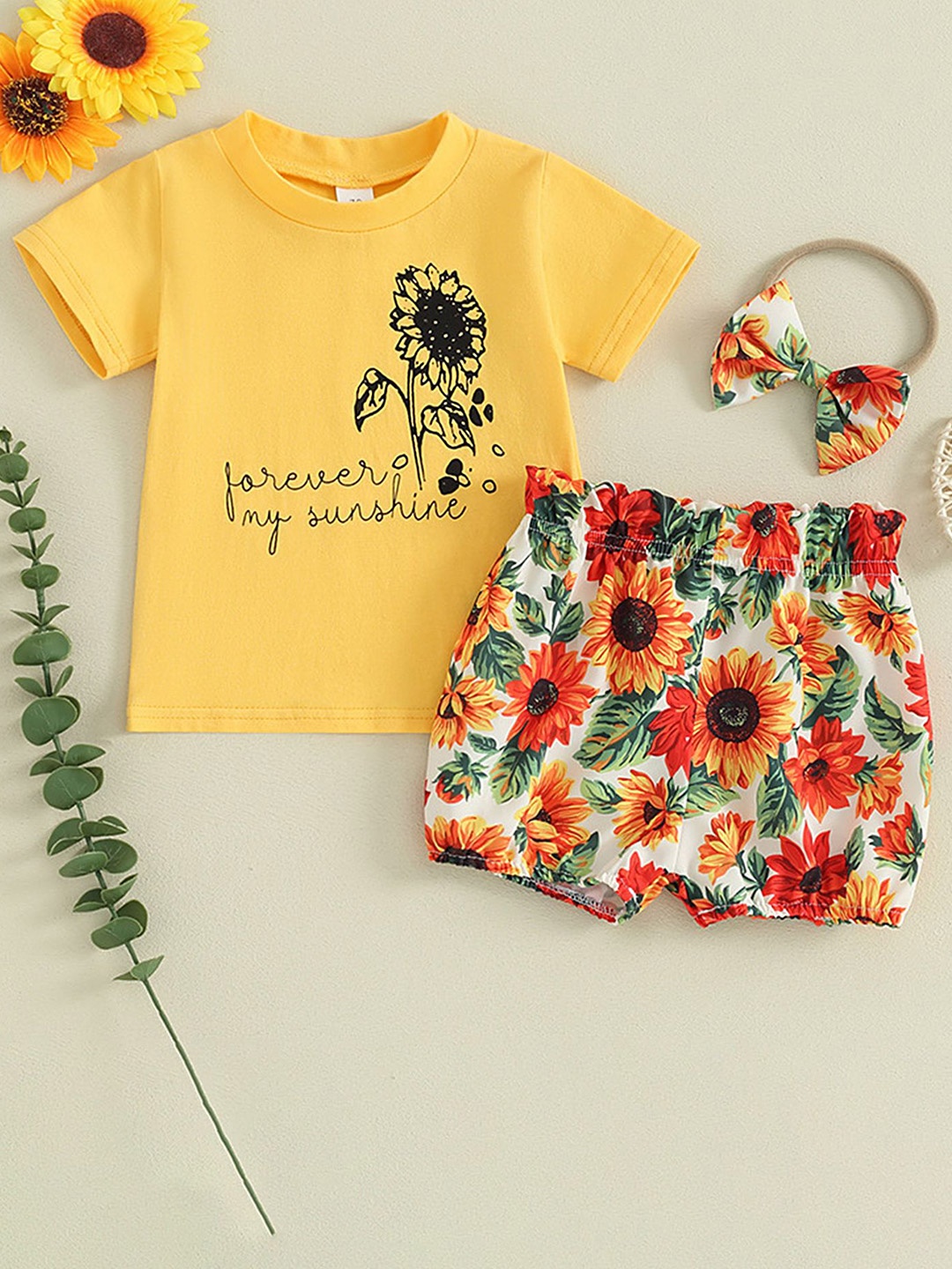 

LULU & SKY Girls Printed Pure Cotton T-Shirt With Shorts & Headband, Yellow