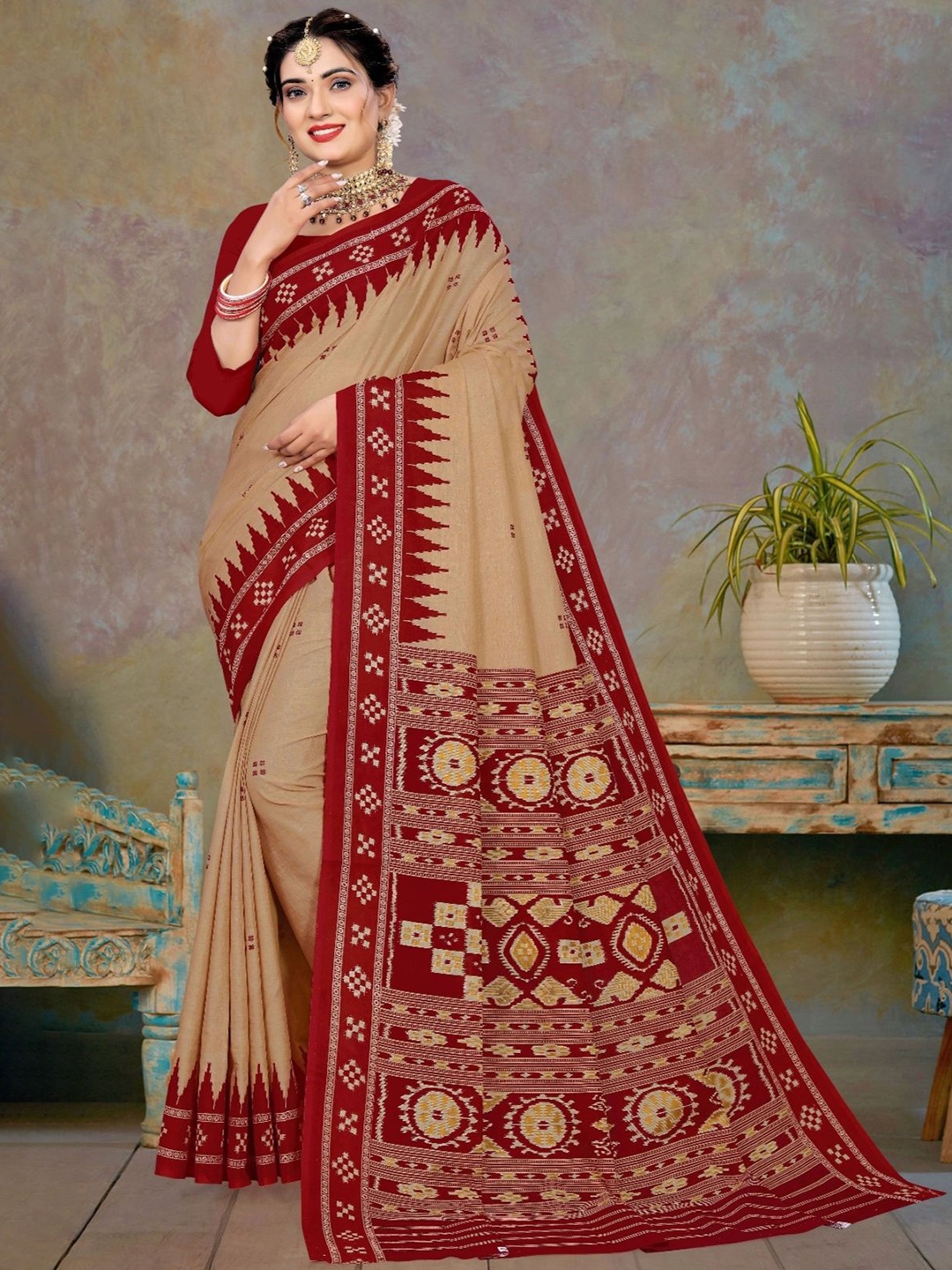 

pasapalli Floral Pure Cotton Sambalpuri Saree, Beige