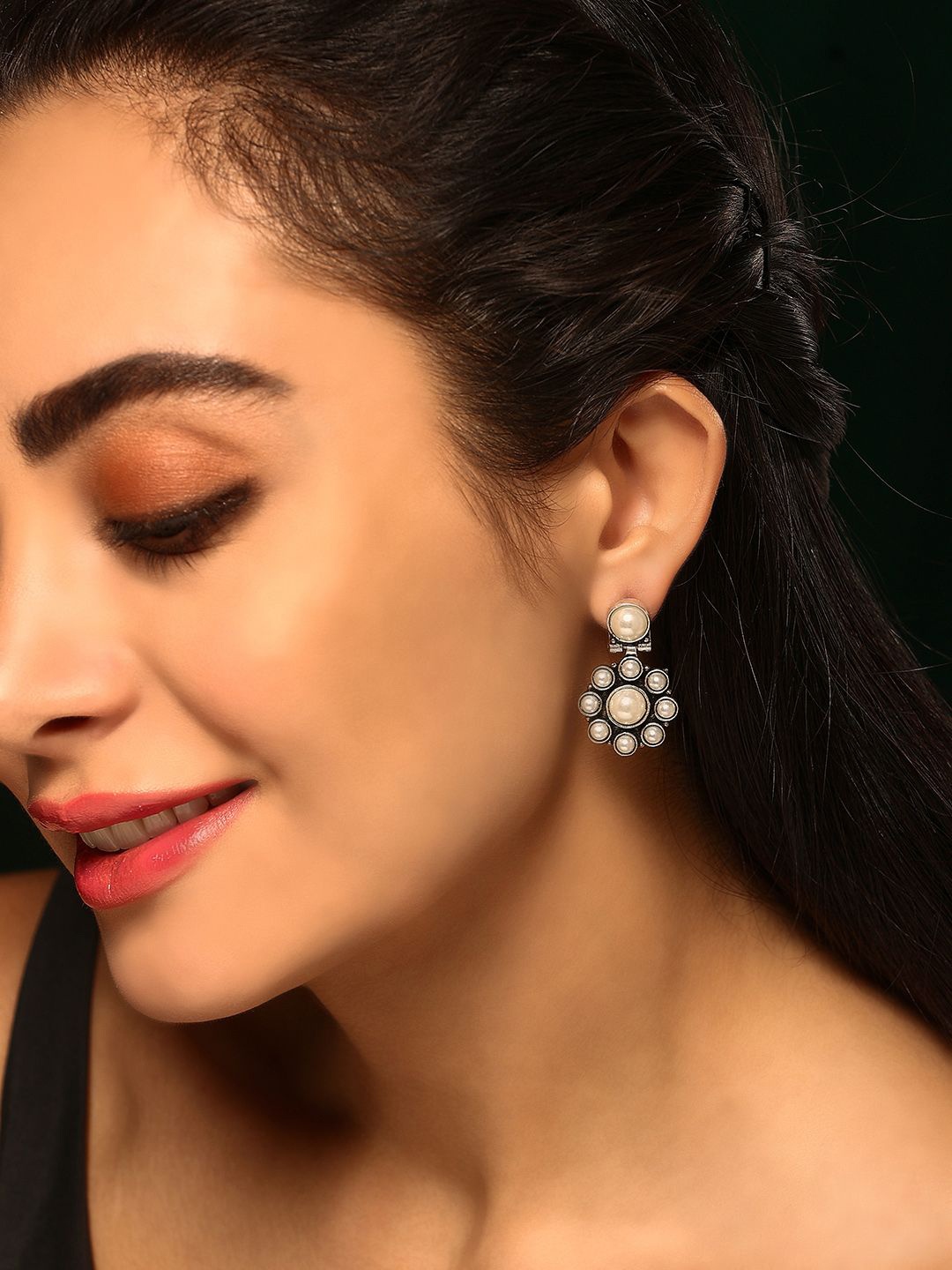 

Priyaasi Silver-Plated Pearls Oxidized Contemporary Drop Earrings, White