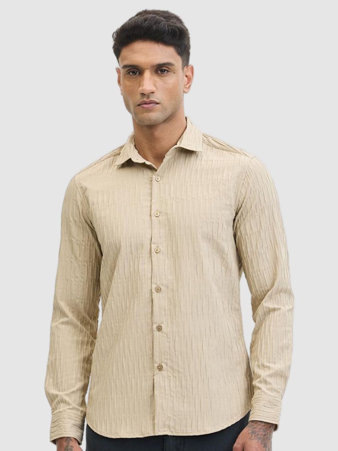 

Snitch Men Smart Fit Spread Collar Textured Casual Shirt, Beige