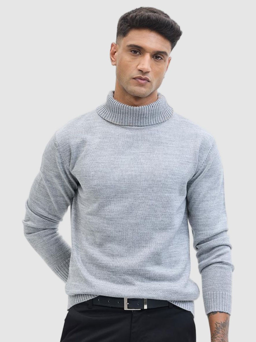 

Snitch Men Printed Turtle Neck Pullover, Grey