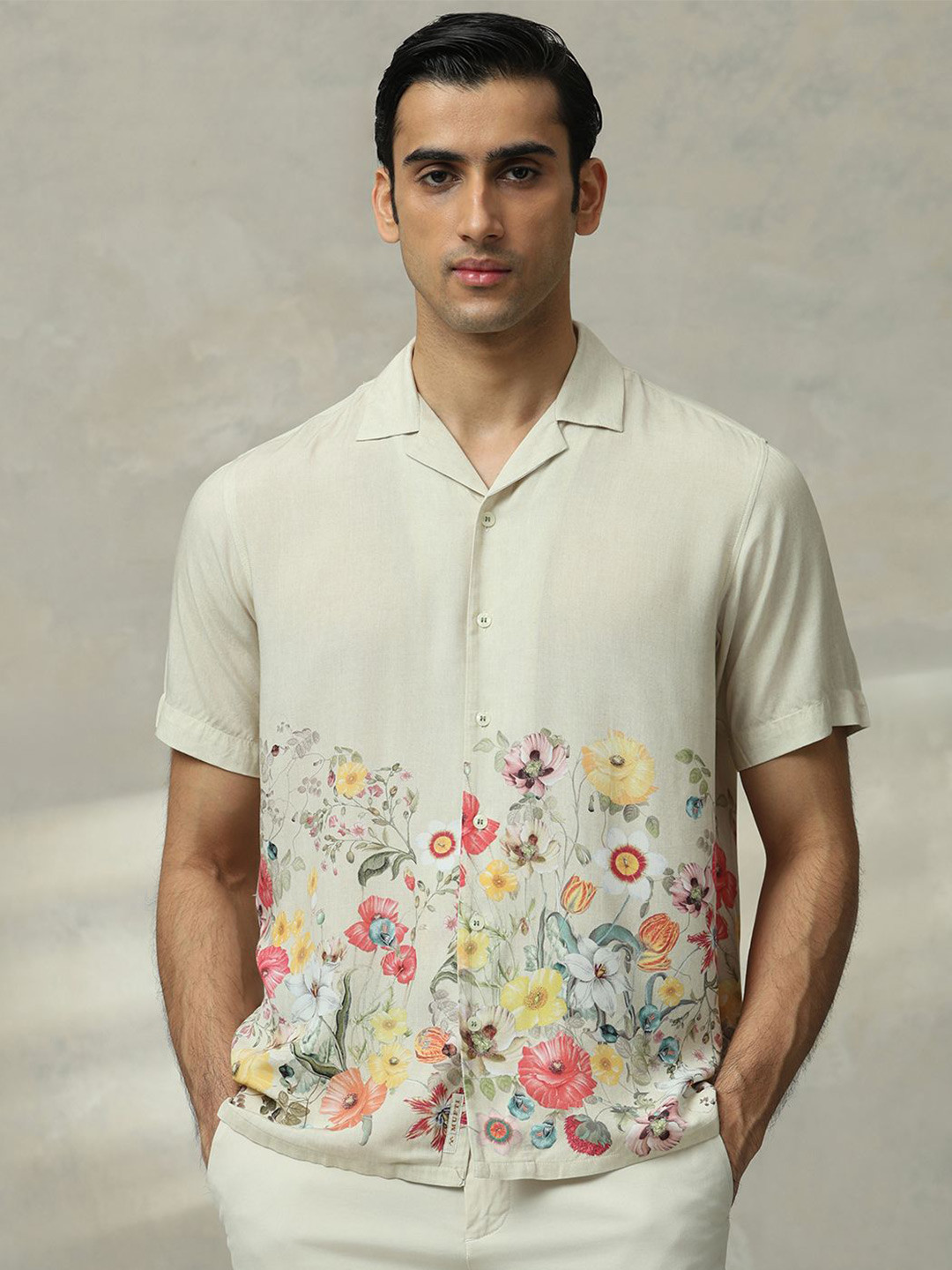 

Mufti Men Cuban Collar Floral Printed Casual Shirt, Beige