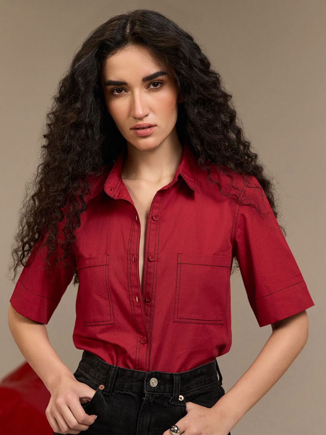 

Midsummer Women Spread Collar Solid Cotton Casual Shirt, Red
