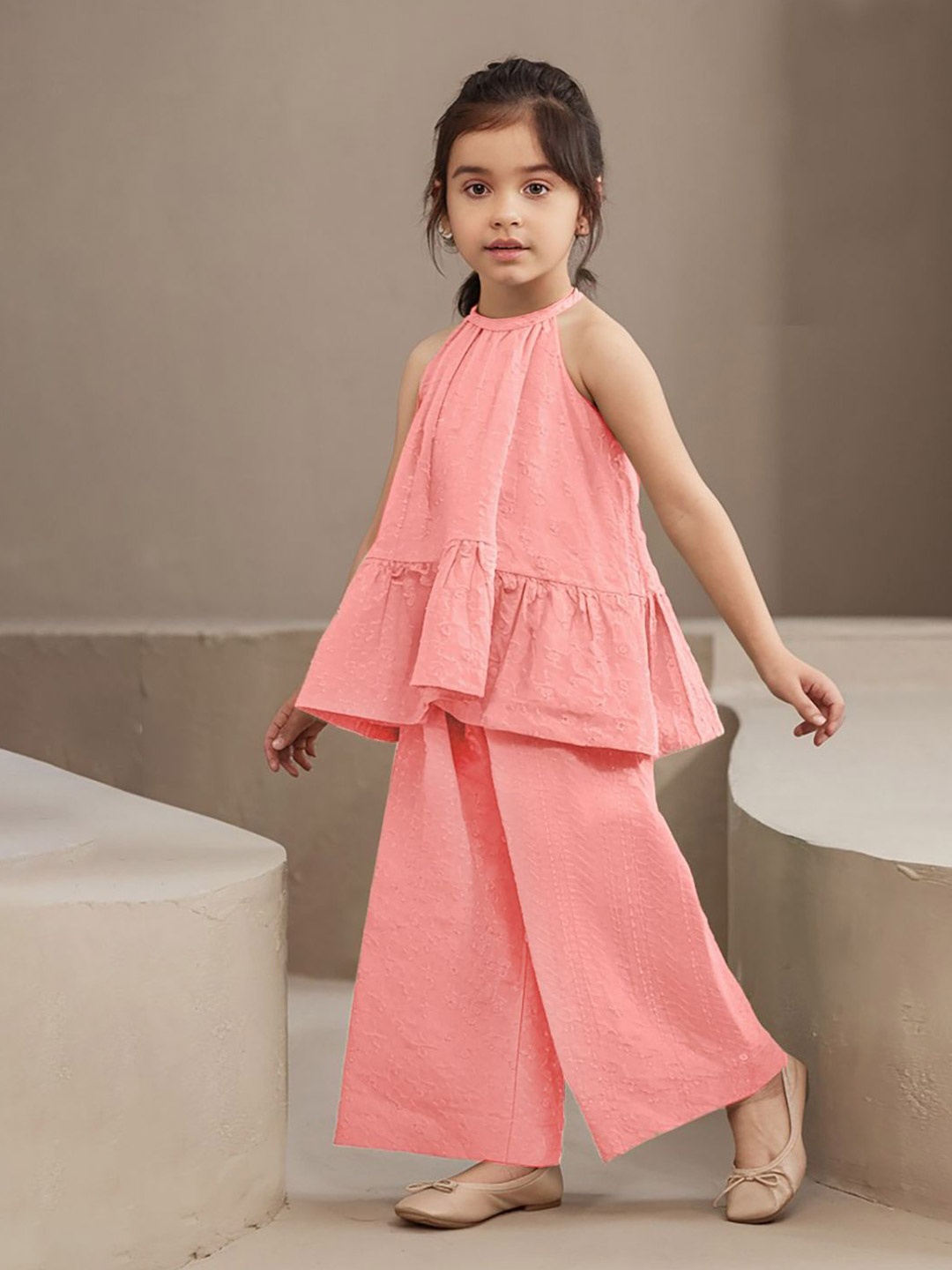 

Naughty Ninos Girls Halter Neck Pure Cotton Top With Palazzo, Peach