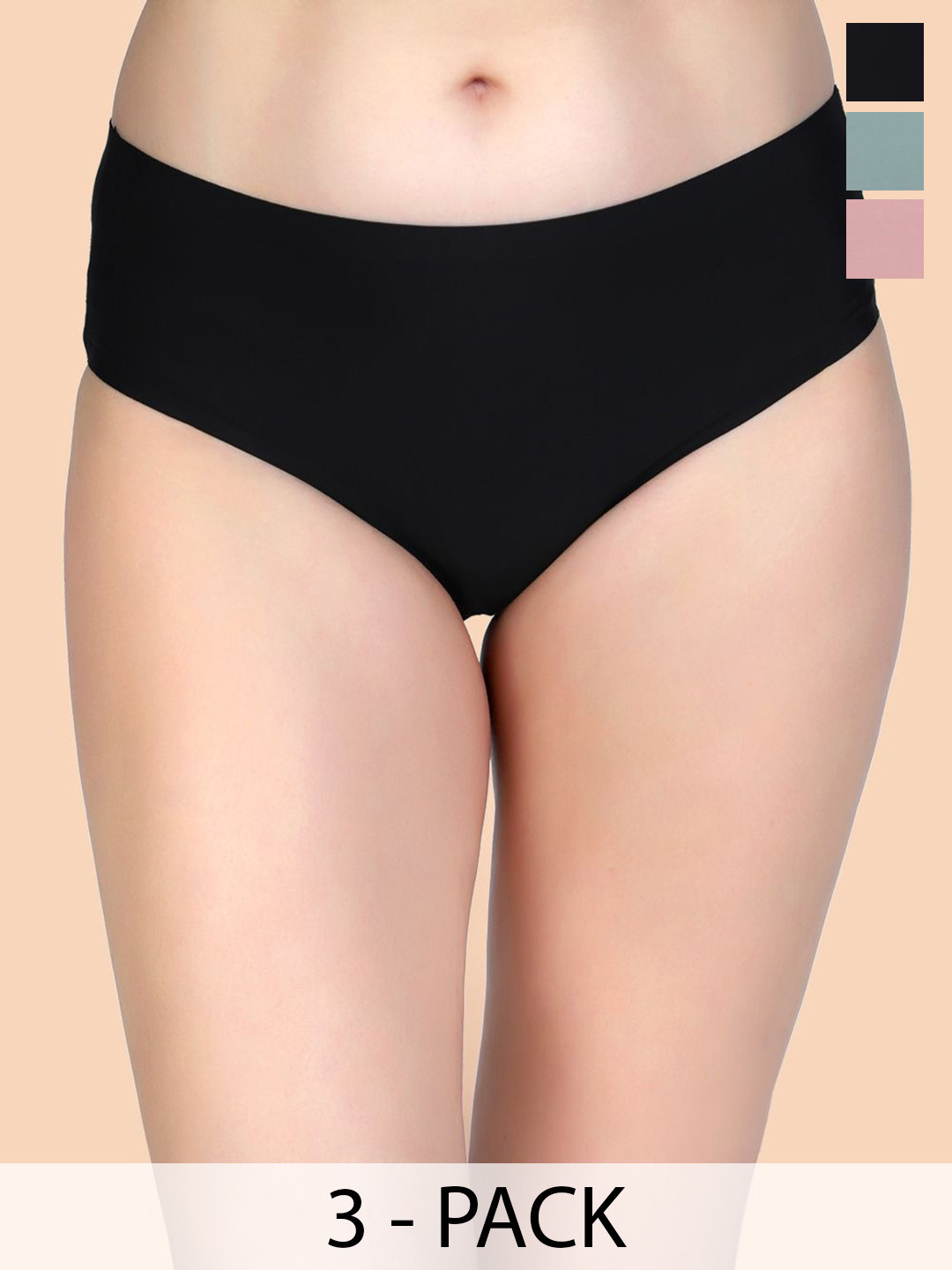 

Amour Secret Pack Of 3 Mid-Rise Seamless Hipster BriefsP5004_Blk_Grn_Rbn_S, Black