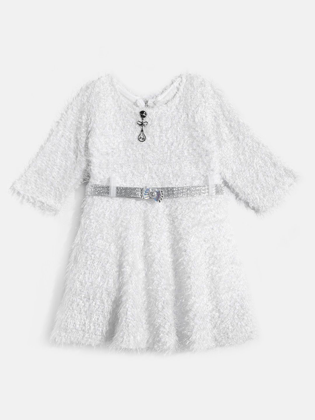 

YK Girls Fit & Flare Winter Woolen Dress With Belt, White