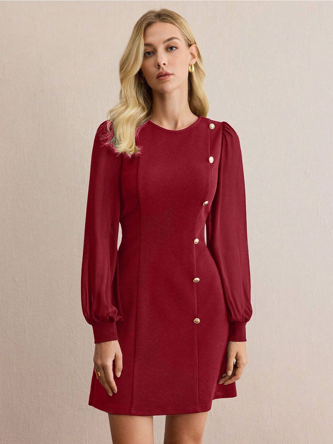 

StyleCast x Revolte Women Cuffed Sleeve Satin Sheath Dress, Maroon