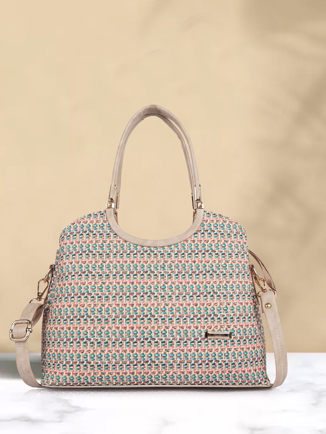 

PARSLEY Printed Oversized Structured Satchel with Cut Work, Cream