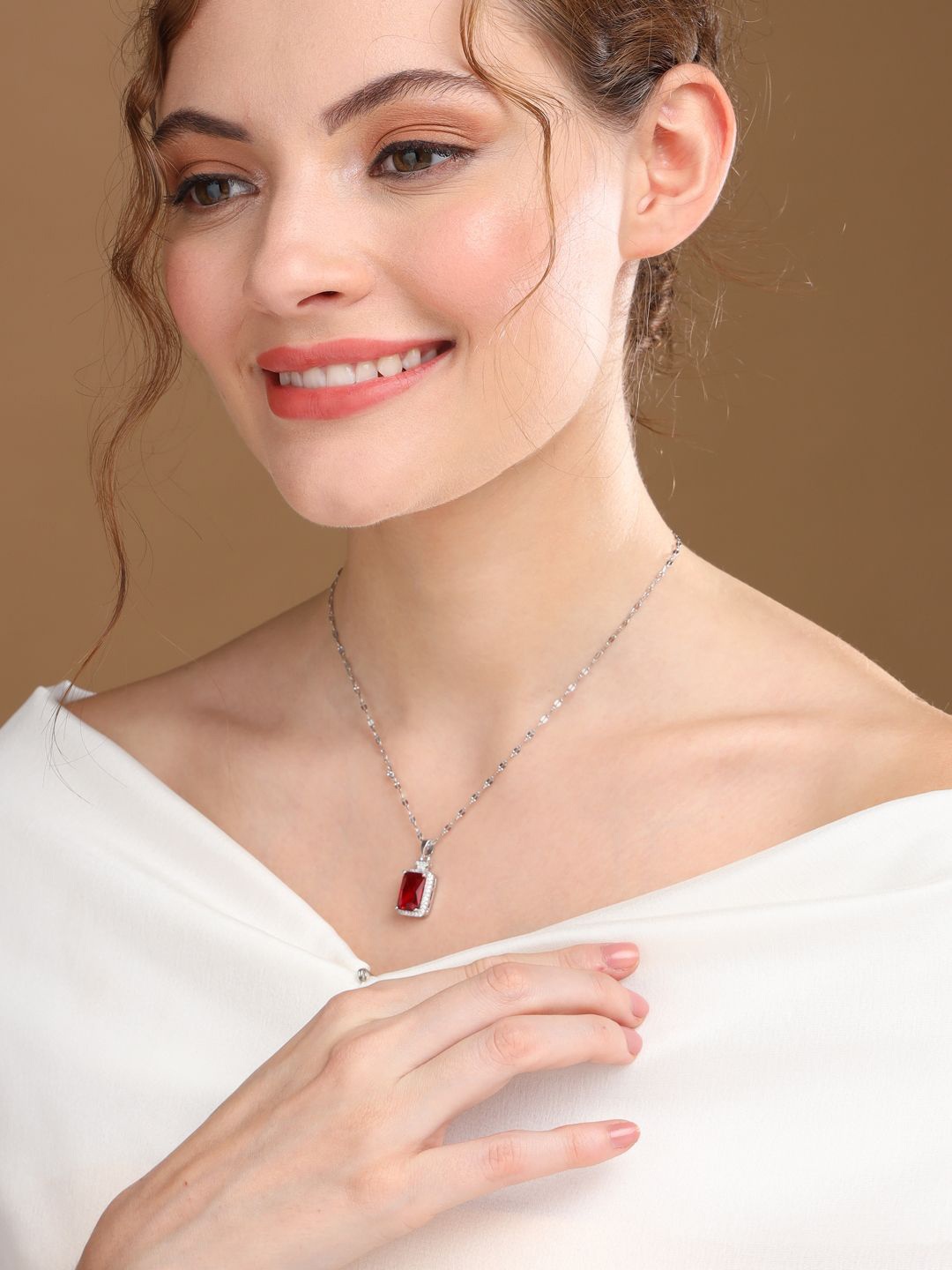 

Priyaasi Silver-Plated Ruby Studded Square Red Necklace