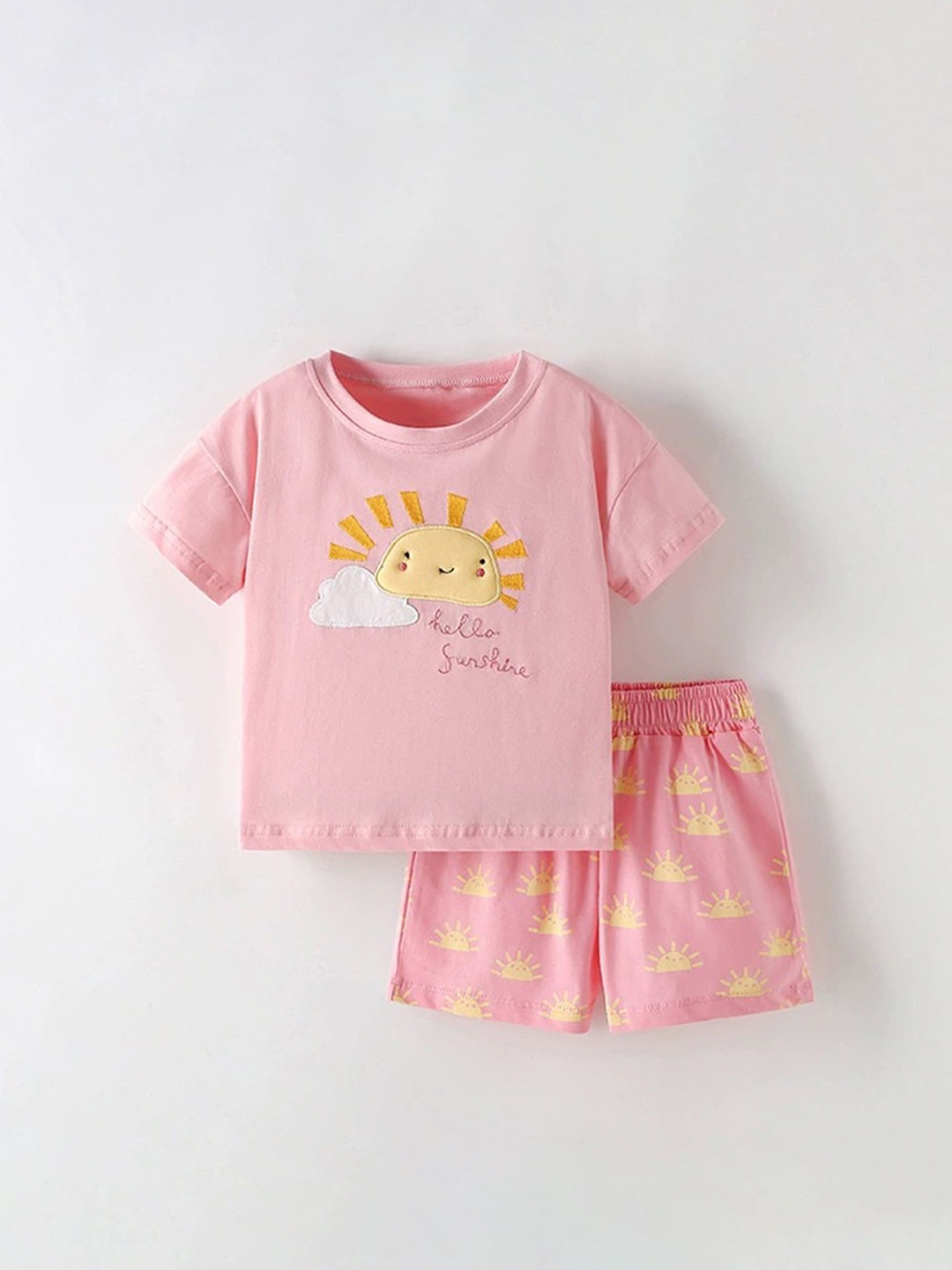 

LULU & SKY Girls Printed Pure Cotton T-Shirt With Shorts, Pink