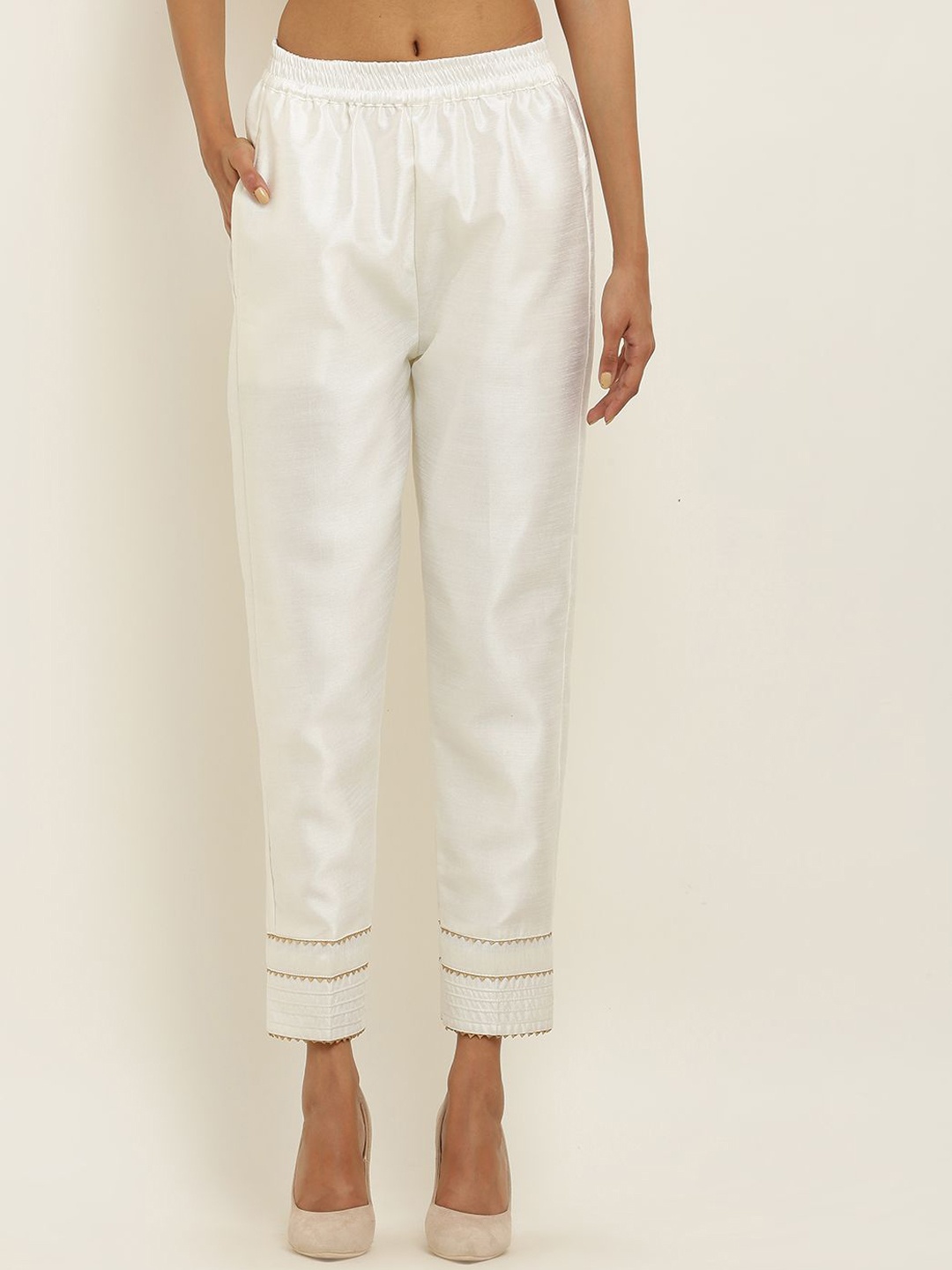 

FLOREOS Women Textured Embroidered Comfort Easy Wash Trousers, Off white