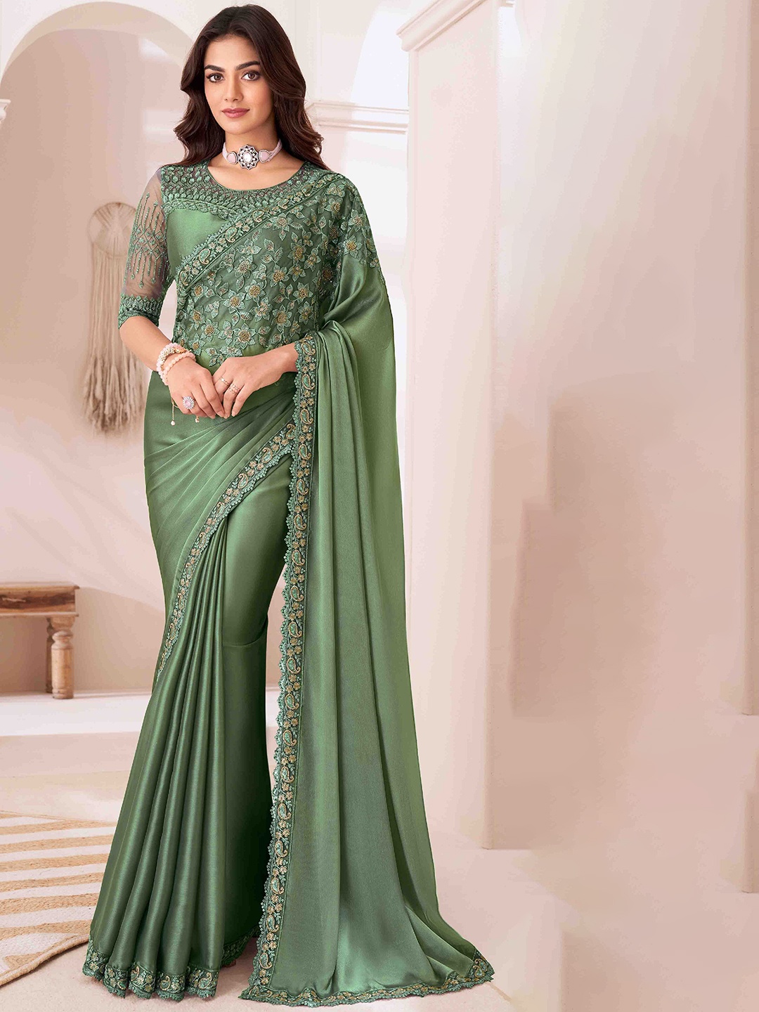 

KIMISHA Embellished Embroidered Pure Georgette Saree, Green