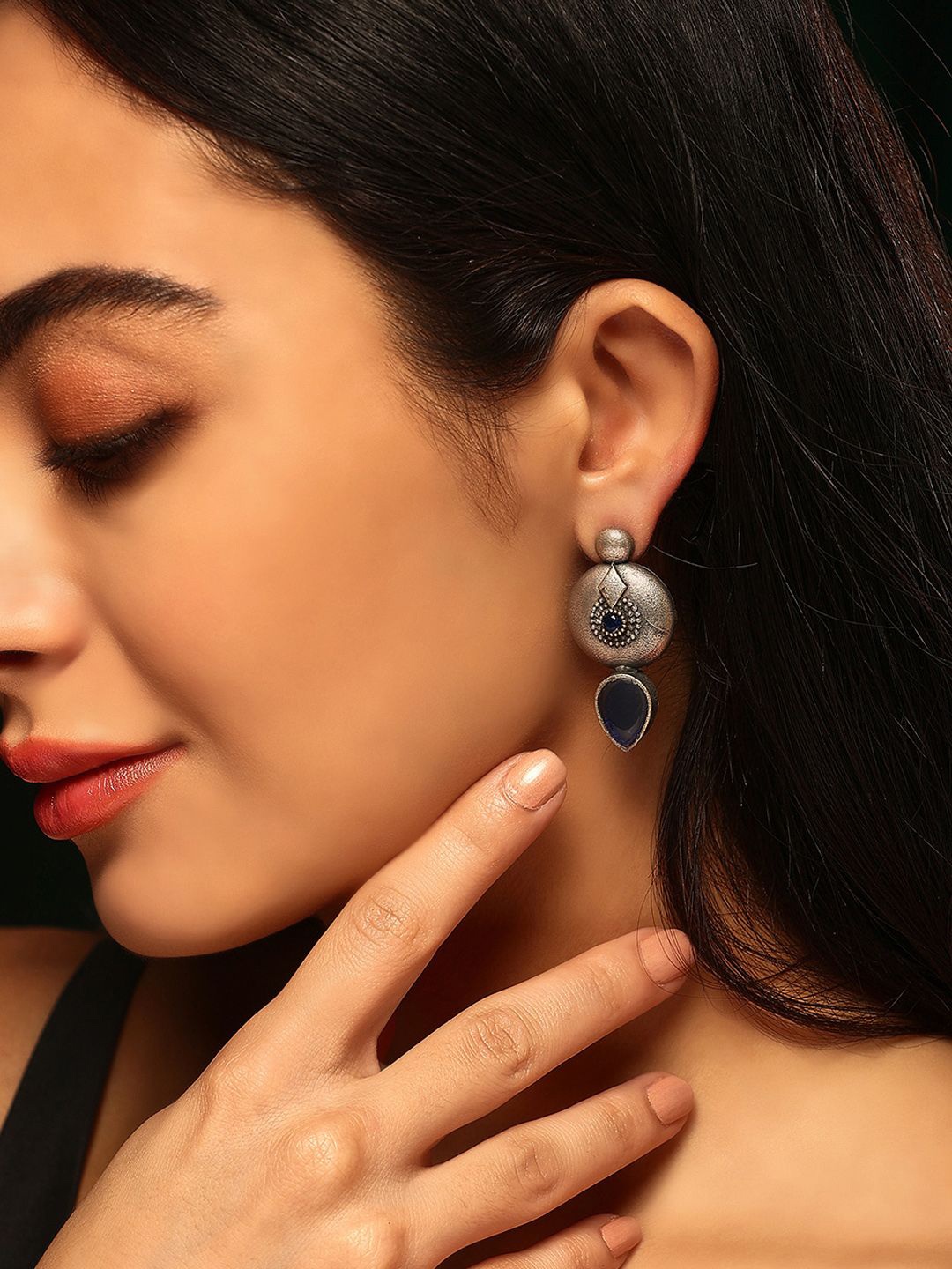 

Priyaasi Silver-Plated Stone Studded Oxidised Contemporary Drop Earrings, Blue