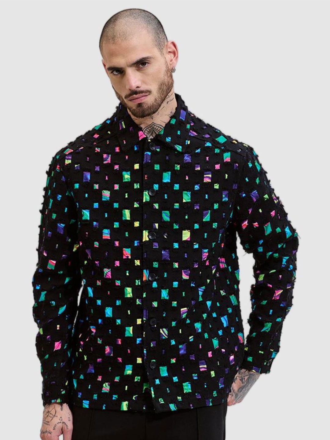 

Snitch Men Spread Collar Geometric Printed Cotton Casual Tailored Jacket, Black