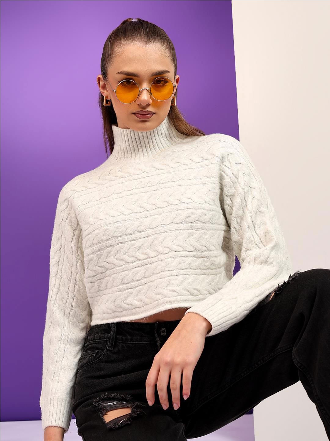 

Kotty Women Cable Knit Self Design Cotton Crop Pullover, White