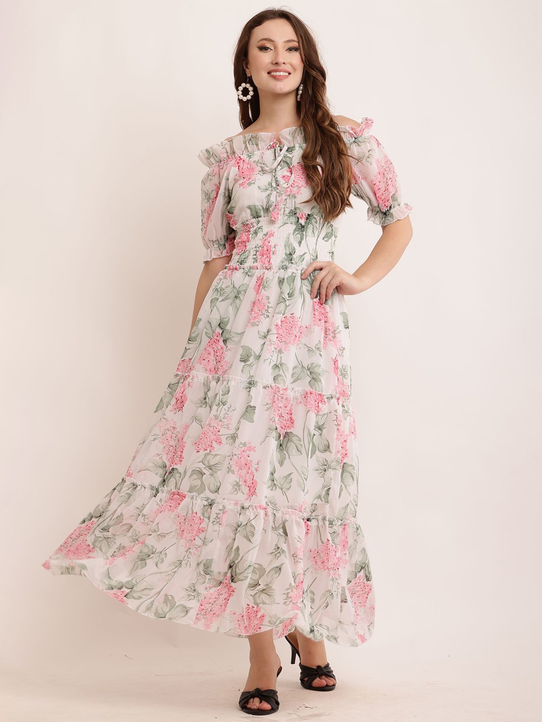 

Bright Nex Floral Printed Off-Shoulder Puff Sleeve Georgette Frill Smocking Maxi Dress, White