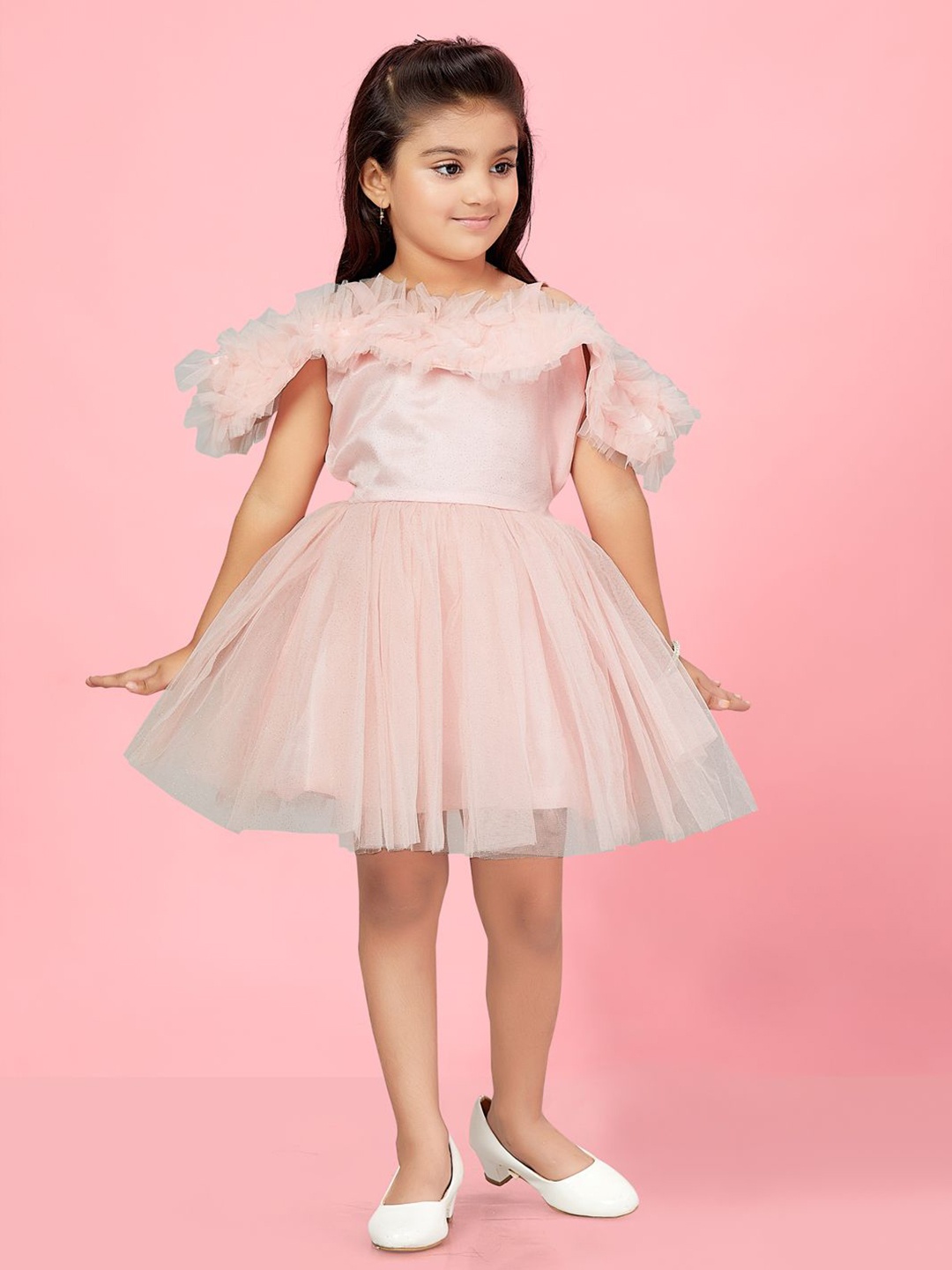 

YK Girls Net Ruffles Fit & Flare Dress, Peach