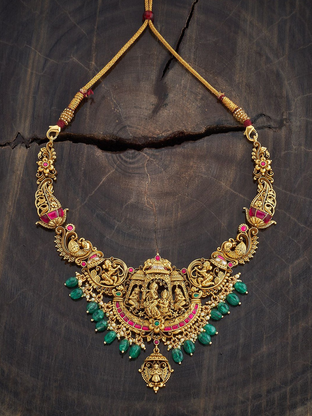 

Kushal's Fashion Jewellery 92.5 Sterling Silver Stones & Beads Temple Short Necklace, Gold