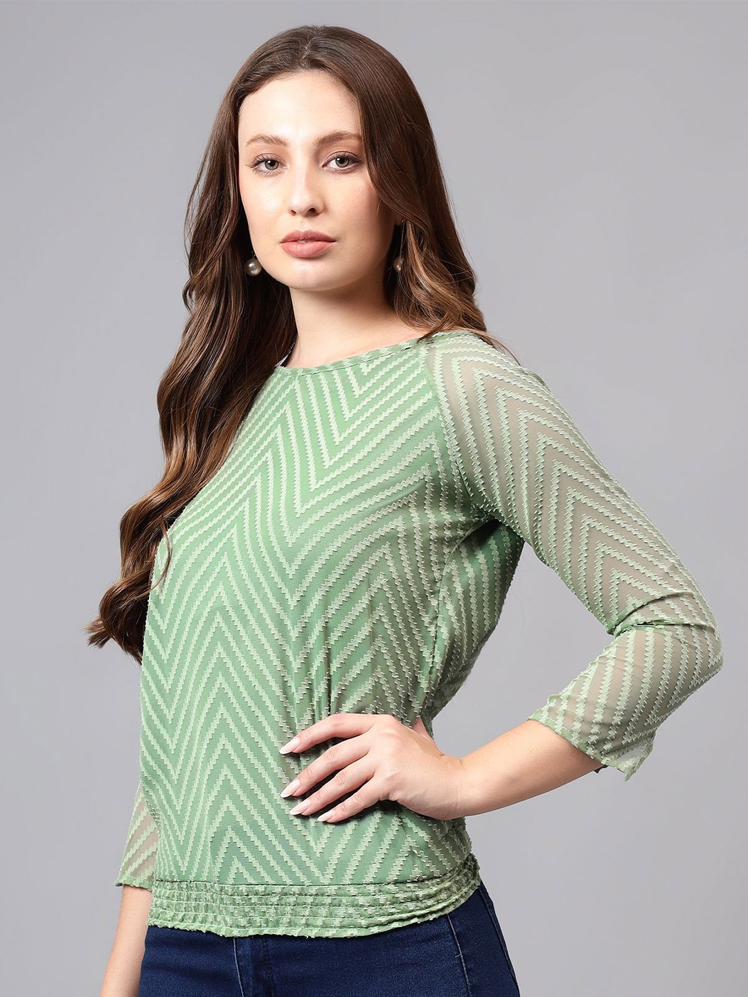 

Bright Nex Women Geometric Striped Blouson Top, Sea green