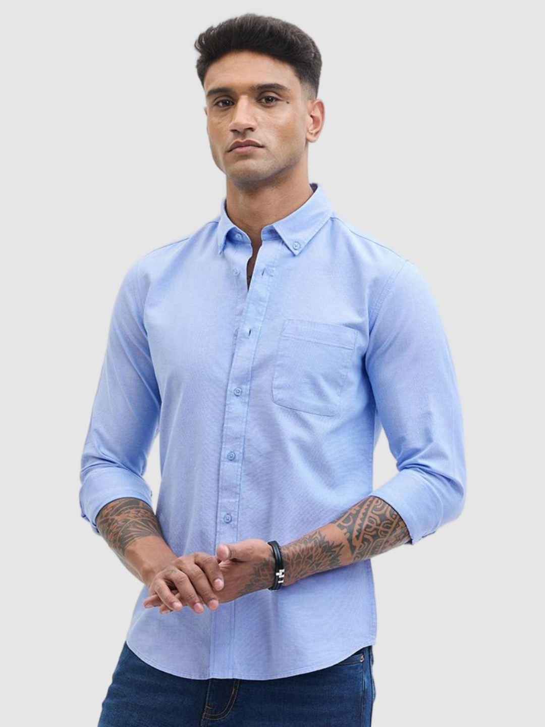 

Snitch Men Smart Fit Button-Down Collar Solid Cotton Casual Shirt, Blue