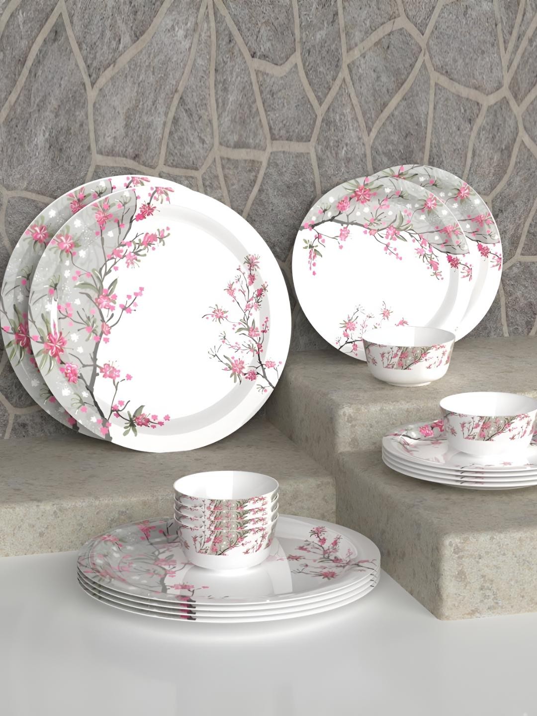 

Castleite White18 Pieces Printed Melamine Dishwasher & Microwave Safe Dinner Set With Tray, White