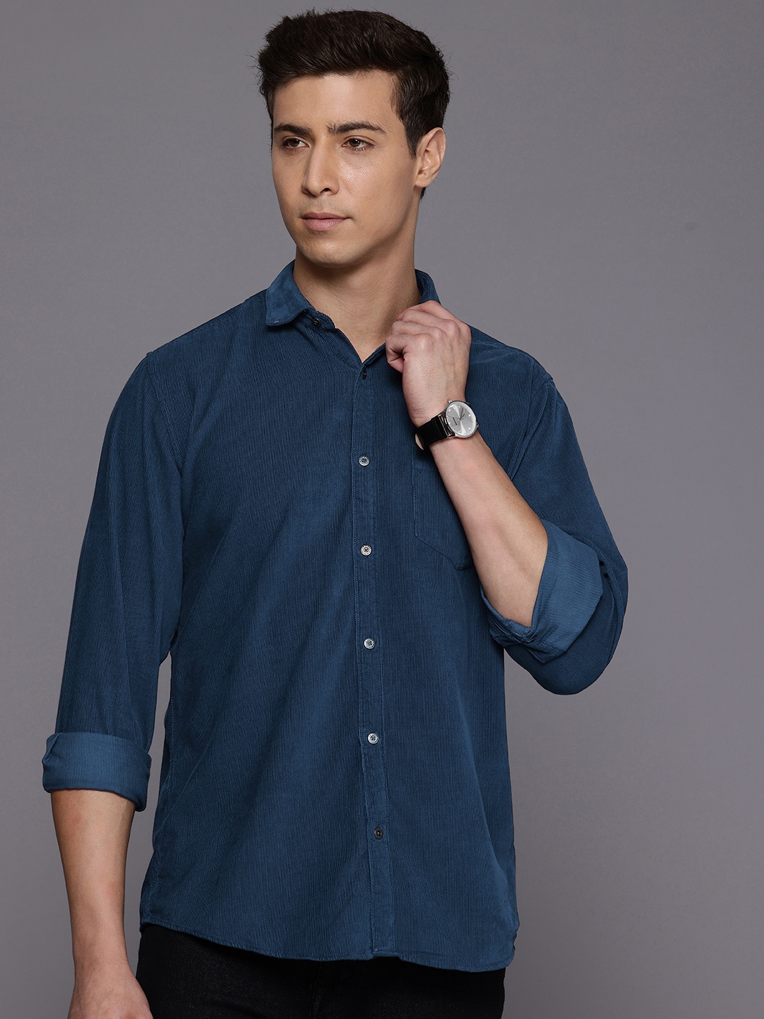 

Louis Philippe Jeans Pure Cotton Slim Fit Corduroy Casual Shirt, Navy blue
