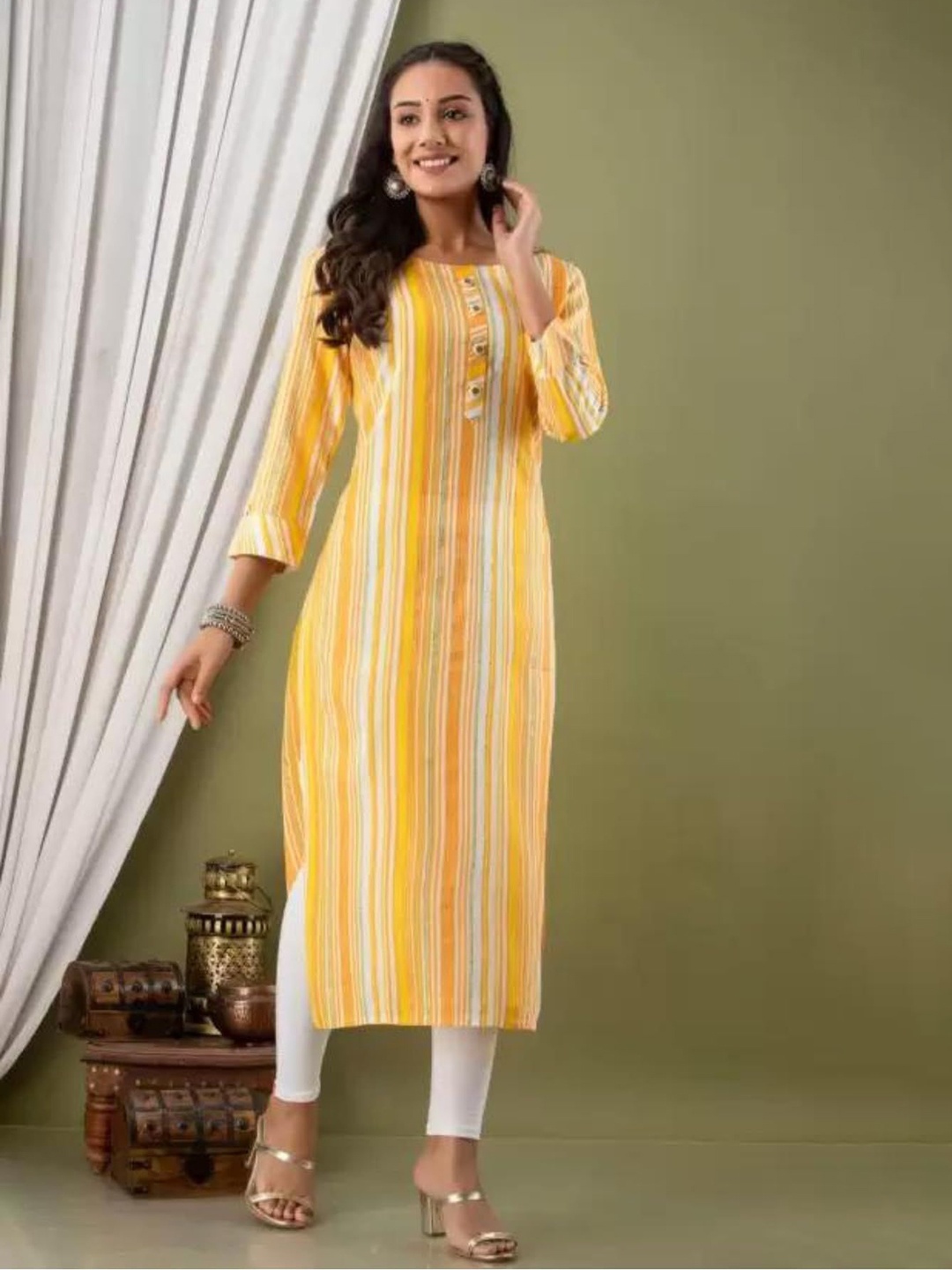 

13-Star Women Striped A-Line Midi Dress, Yellow