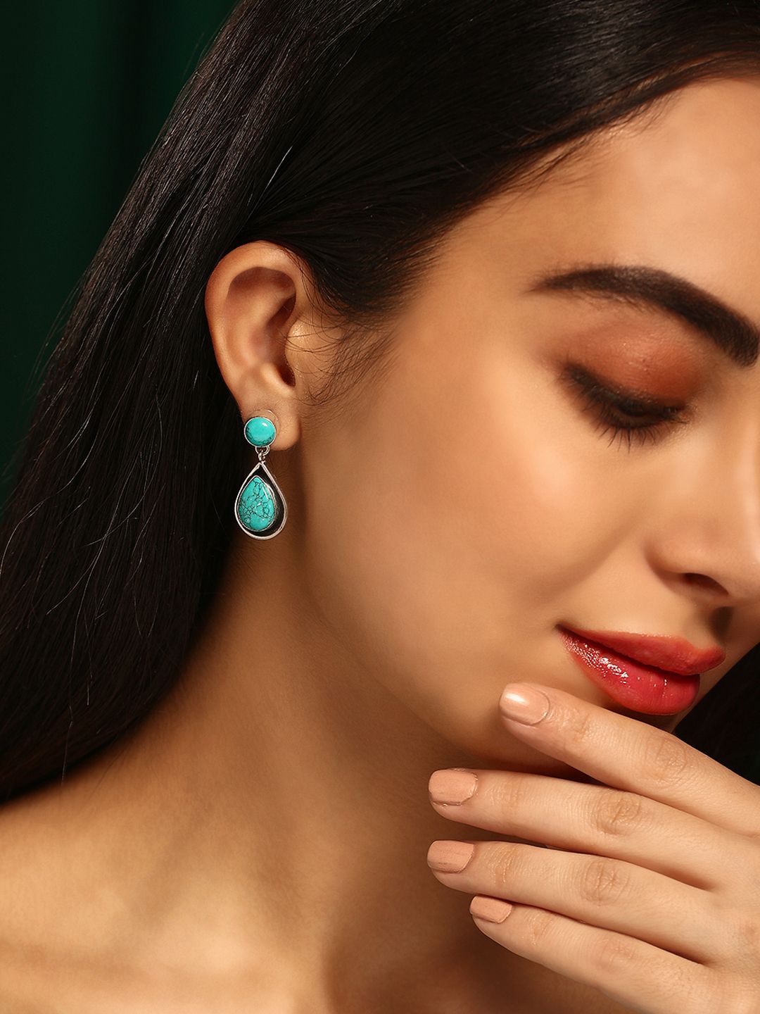 

Priyaasi Silver Plated Stone Studded Teardrop Shaped Oxidized Marble Drop Earrings
