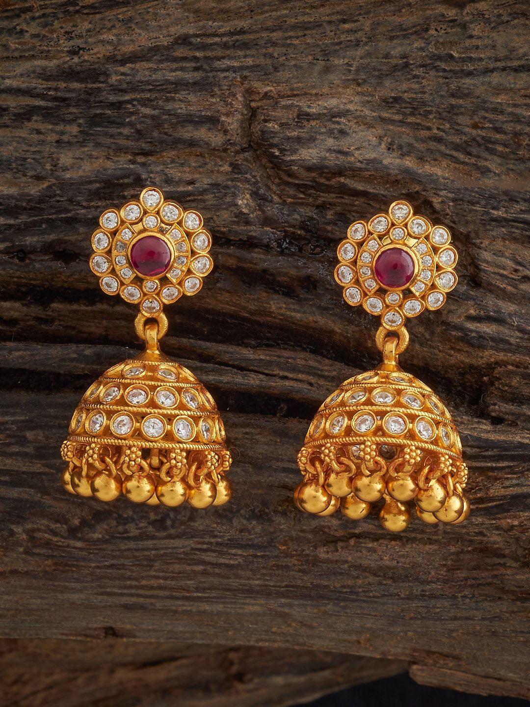 

Kushal's Fashion Jewellery 92.5 Pure Silver Gold-Plated Zircon Studded Dome Shaped Jhumkas